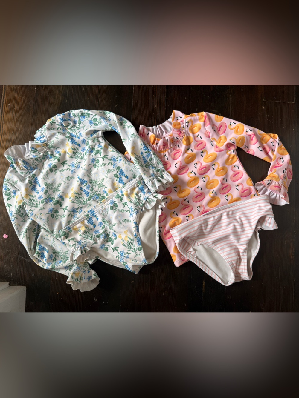 Janie and Jack Floral & Flamingo Long-Sleeve Swim Set in Blue, Pink, Yellow